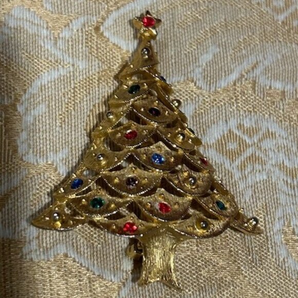 HOLIDAY🎄🎄J.J. JONETTE Brushed Gold Multi-Color Rhinestone Christmas Tree BROOC - Picture 7 of 9